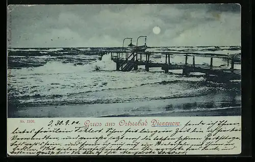 Mondschein-AK Dievenow, Seesteg mit Ruderboot