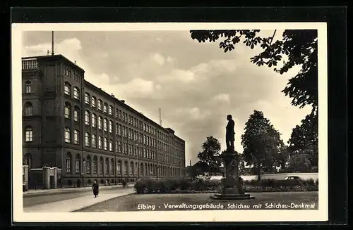AK Elbing, Verwaltungsgebäude Schichau mit Schichau-Denkmal