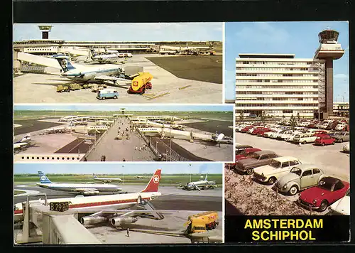 AK Amsterdam-Schiphol, Airport, Parkplatz mit Flughafengebäude, Flugzeuge beim Boarding, Shell-Tankwagen