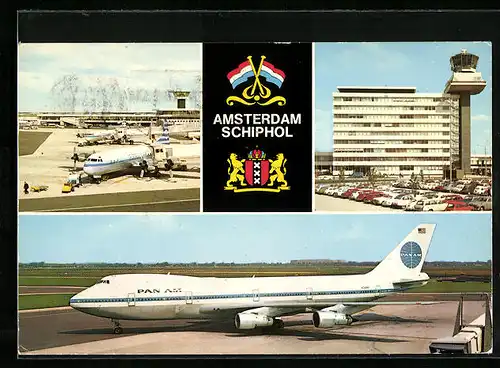 AK Amsterdam-Schiphol, Airport, Flughafengebäude und Flugzeug der PAN AM