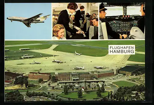 AK Hamburg, Flughafen aus der Vogelschau, Flugzeug der Lufthansa