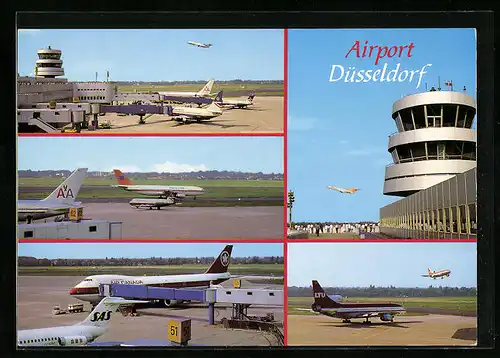AK Düsseldorf, Flughafen, Kontrollturm, Flugzeuge von LTU, Air Canada, Hapag-Lloyd, AA, SAS