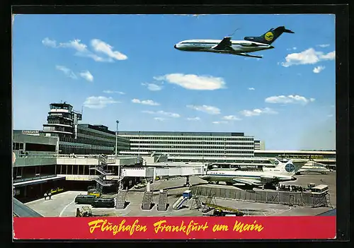 AK Frankfurt a. M., Rhein-Main-Flughafen, Flughafengebäude mit Kontrollturm, Flugzeug von Lufthansa und PAN AM