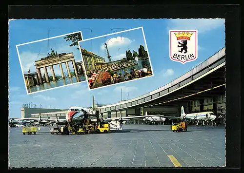 AK Berlin-Tempelhof, Zentralflughafen, Flugzeuge der PAN AM, Brandenburger Tor, Funkturm