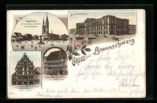 Lithographie Braunschweig, Justizgebäude, Hagenmarkt, Gewandhaus