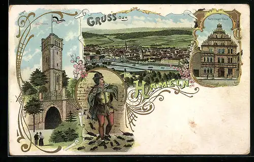 Lithographie Hameln, Totalansicht, Rattenfänger-Haus