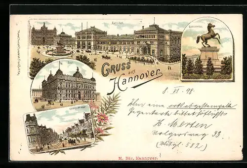 Lithographie Hannover, Bahnhof, Post, Königsstrasse