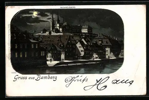 Lithographie Bamberg, Michaelsberg bei Vollmond