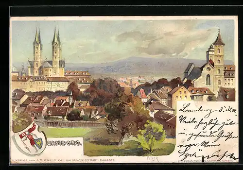Lithographie Bamberg, Panoramablick auf die Stadt, Wappen