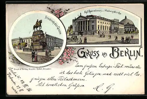 Lithographie Berlin, Kgl. Opernhaus u. Hedwigskirche