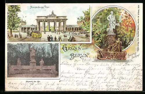 Lithographie Berlin, Brandenburger Tor, Lessing Denkmal