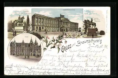 Lithographie Braunschweig, Post, Residenzschloss