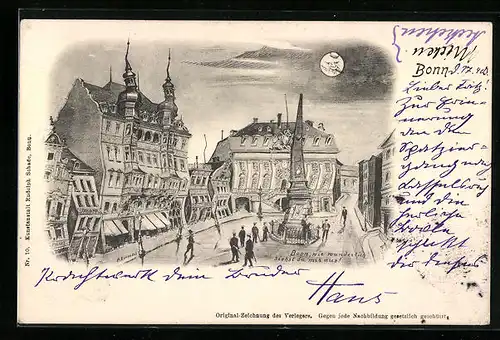 Lithographie Bonn, Marktpartie aus der Sicht eines Betrunkenen