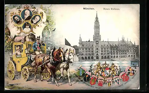 AK München, Neues Rathaus, Postkutsche