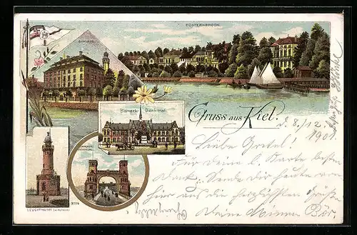 Lithographie Kiel, Düsternbrook, Schloss, Bismarck-Denkmal