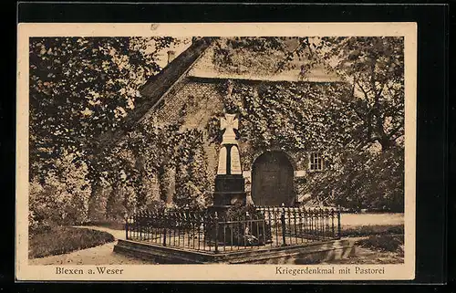 AK Blexen a. Weser, Kriegerdenkmal mit Pastorei