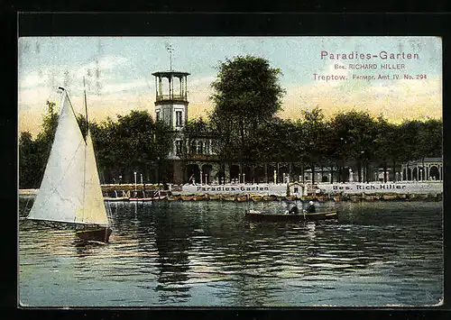 AK Berlin-Treptow, Gasthaus Paradies-Garten, Blick vom Wasser auf Boote und Ufer