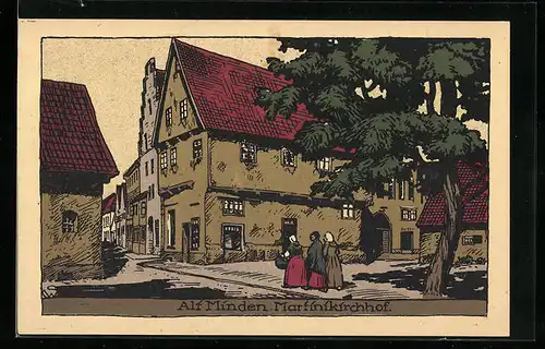 Steindruck-AK Minden, Martinikirchhof mit Passanten