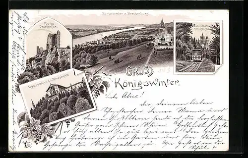 Lithographie Königswinter, Ruine Drachenfels, Zahnradbahn Drachenfels, Restauration a. d. Drachenfels