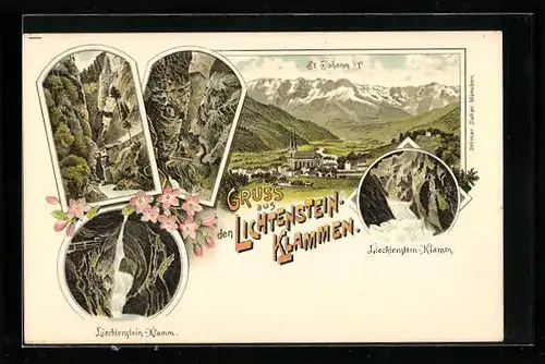 Lithographie St. Johann im Pongau, Teilansicht mit Kirche, Liechtenstein-Klamm, Felsen