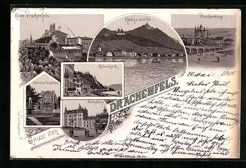 Lithographie Königswinter, Ruine Drachenfels, Drachenburg und Petersberg