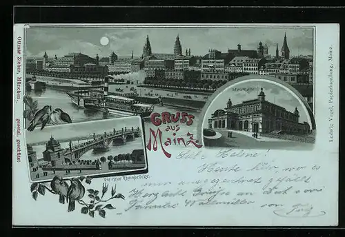 Mondschein-Lithographie Mainz, Stadthalle und neue Rheinbrücke