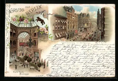 Lithographie Berlin, Friedrichstrasse mit der Passage, Cafe Keck-Passage
