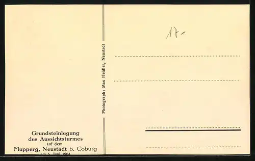 AK Neustadt b. Coburg, Erinnerung an Grundsteinlegung des Prinzregententurms auf dem Mupperg am 5. Juni 1904