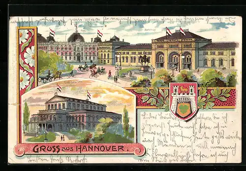 Lithographie Hannover, Bahnhof, Post und Hoftheater