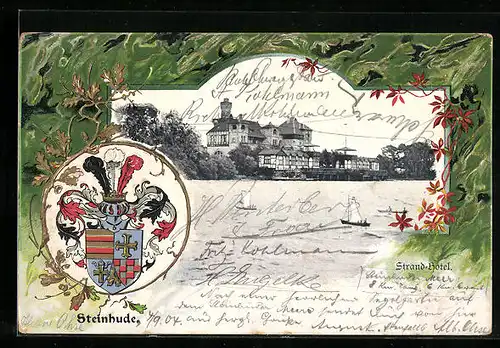 Präge-Lithographie Steinhude, Strand-Hotel und Wappen
