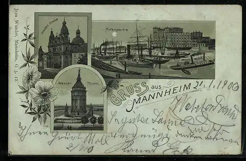 Mondschein-Lithographie Mannheim, Hafenpartie, Jesuiten Kirche, Wasserthurm