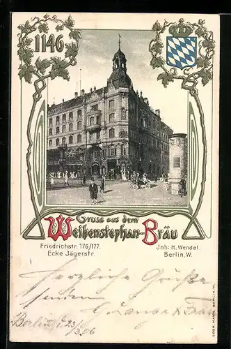 AK Berlin, Gasthaus Weihenstephan-Bräu, Friedrichstrasse 176 /177 Ecke Jägerstrasse
