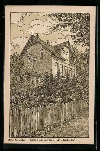 Künstler-AK Heikendorf-Kiel, Gästehaus des Hotel Friedrichshöh, Monat September