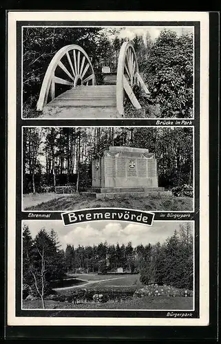 AK Bremervörde, Brücke im Park, Ehrenmal im Bürgerpark, Bürgerpark