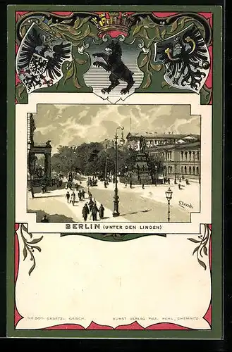 Lithographie Berlin, Unter den Linden, Wappen