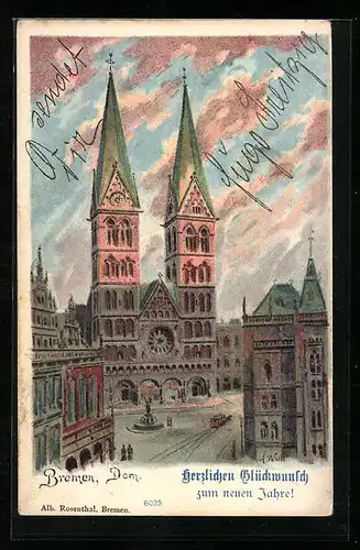 Lithographie Bremen, Dom, Neujahrsgruss
