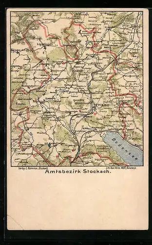 Lithographie Stockach, Landkarte mit Mainwangen, Ludwigshafen und Bodensee