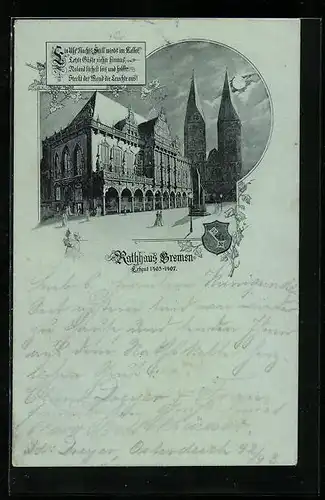 Mondschein-AK Bremen, Rathaus mit Gasthaus Ratskeller