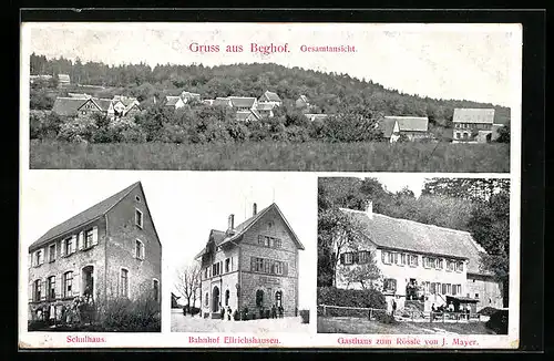 AK Beeghof, Gasthaus zum Rössle J. Mayer, Bahnhof Ellrichshausen, Schulhaus