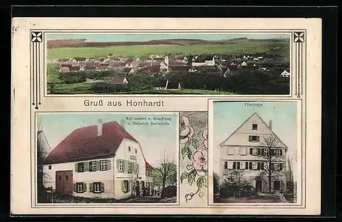 AK Honhardt, Panorama des Ortes, Schlosserei und Handlung Bartelmäs, Pfarrhaus