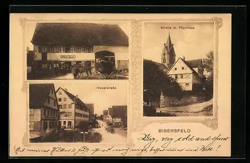 AK Bibersfeld, Hauptstrasse, Geschäftshaus Wilhelm Bürck, Kirche mit Pfarrhaus