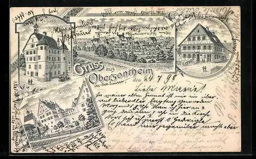Lithographie Obersontheim, Ortsansicht, Rathaus, Schubarts Geburtshaus