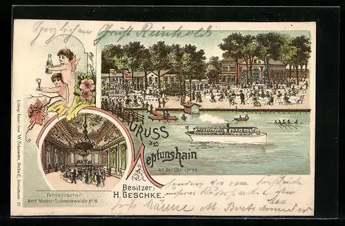 Lithographie Berlin-Niederschöneweide, Gasthaus Neptunshain, Gartenansicht vom Wasser, Saal