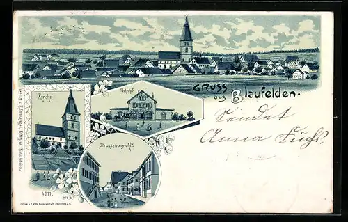 Mondschein-Lithographie Blaufelden, Panorama, Kirche, Bahnhof, Strassenpartie