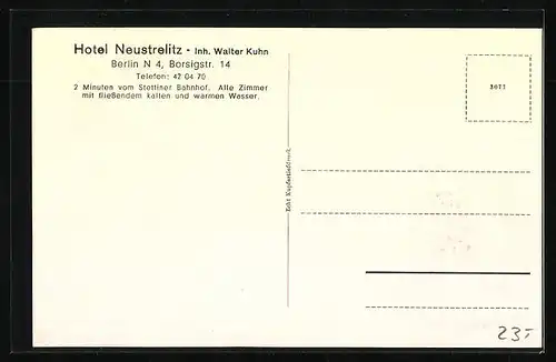 AK Berlin, Hotel Neustrelitz in der Borsigstrasse 14