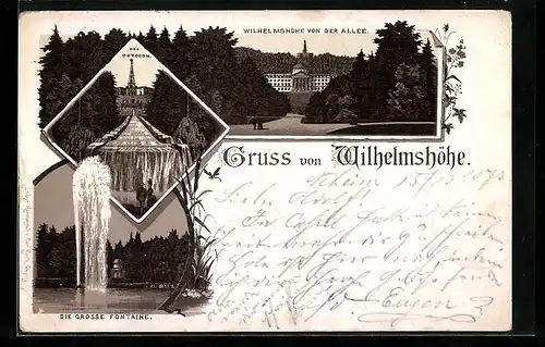 Vorläufer-Lithographie Kassel-Wilhelmshöhe, 1893, Schloss, Octogon, Grosse Fontaine