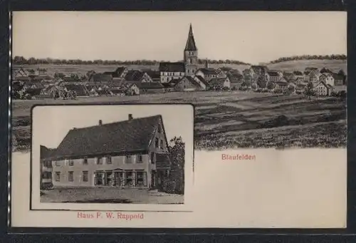 Relief-AK Blaufelden, Geschäftshaus F. W. Rappold, Ortsansicht