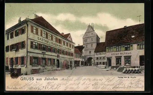 AK Ilshofen, Gasthof zum Ochsen u. Post von C. Hausmann und Geschäft von Oscar Wernle