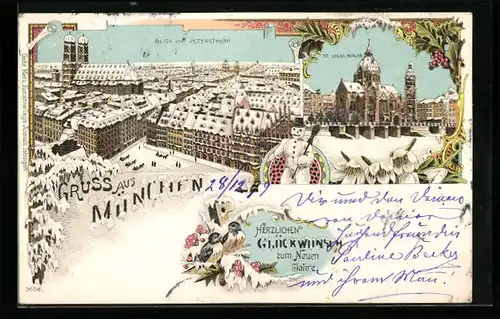 Winter-Lithographie München, Blick vom Petersturm auf den Ort, St. Lucas-Kirche