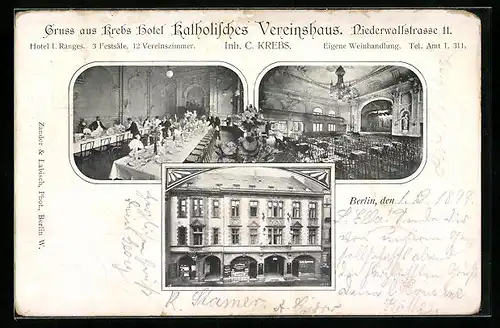 AK Berlin, Krebs Hotel Katholisches Vereinshaus, Niederwallstrasse 11, Innenansichten